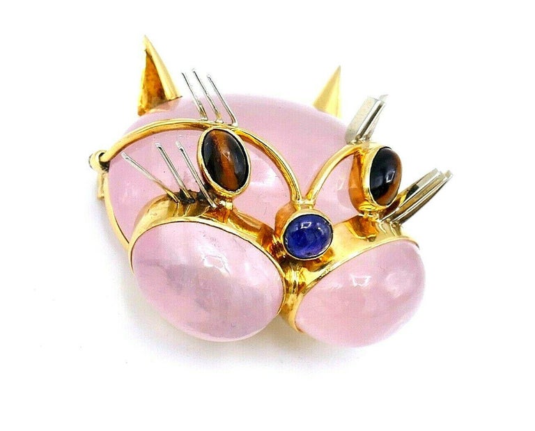 Tiffany & Co. Vintage Pink Quartz Gemstone Yellow Gold Cat Face Brooch