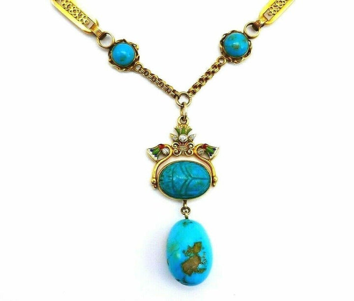 Antique Yellow Gold Diamond Enamel Turquoise Scarab Necklace