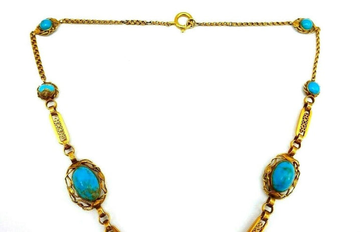 Antique Yellow Gold Diamond Enamel Turquoise Scarab Necklace