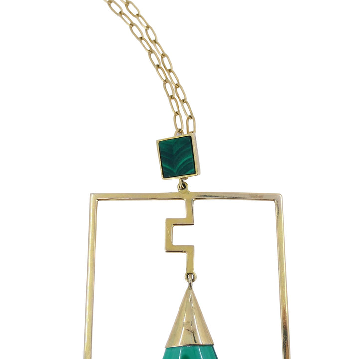 Modernist 10k Gold Malachite Pendant 14k Chain Necklace