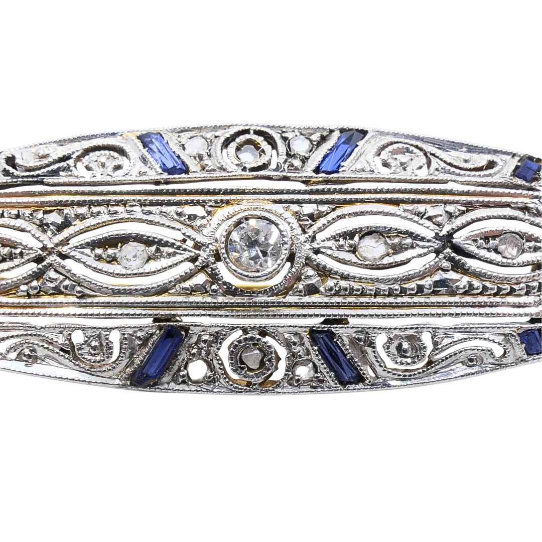 Art Deco 18k Gold Diamond Sapphire Navette Brooch