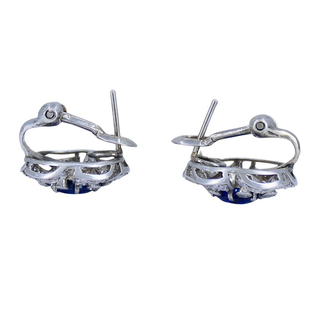 Vintage French Sapphire Diamond Platinum 18k White Gold Cluster Earrings