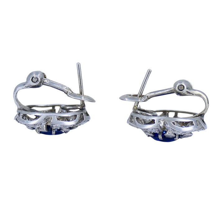 Vintage French Sapphire Diamond Platinum 18k White Gold Cluster Earrings