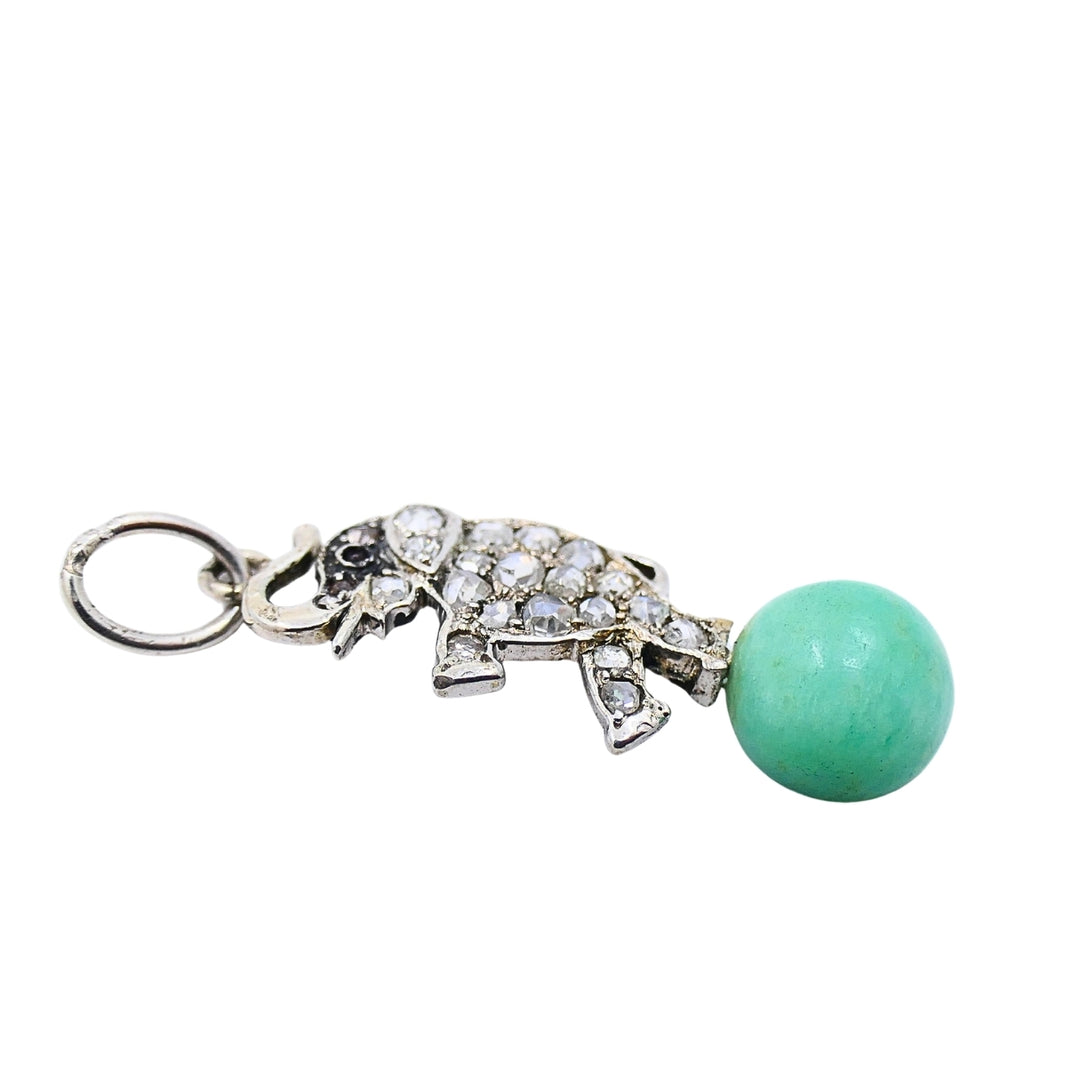 Antique Platinum‑Topped 14k Gold Diamond Elephant Charm Green Bead Accent