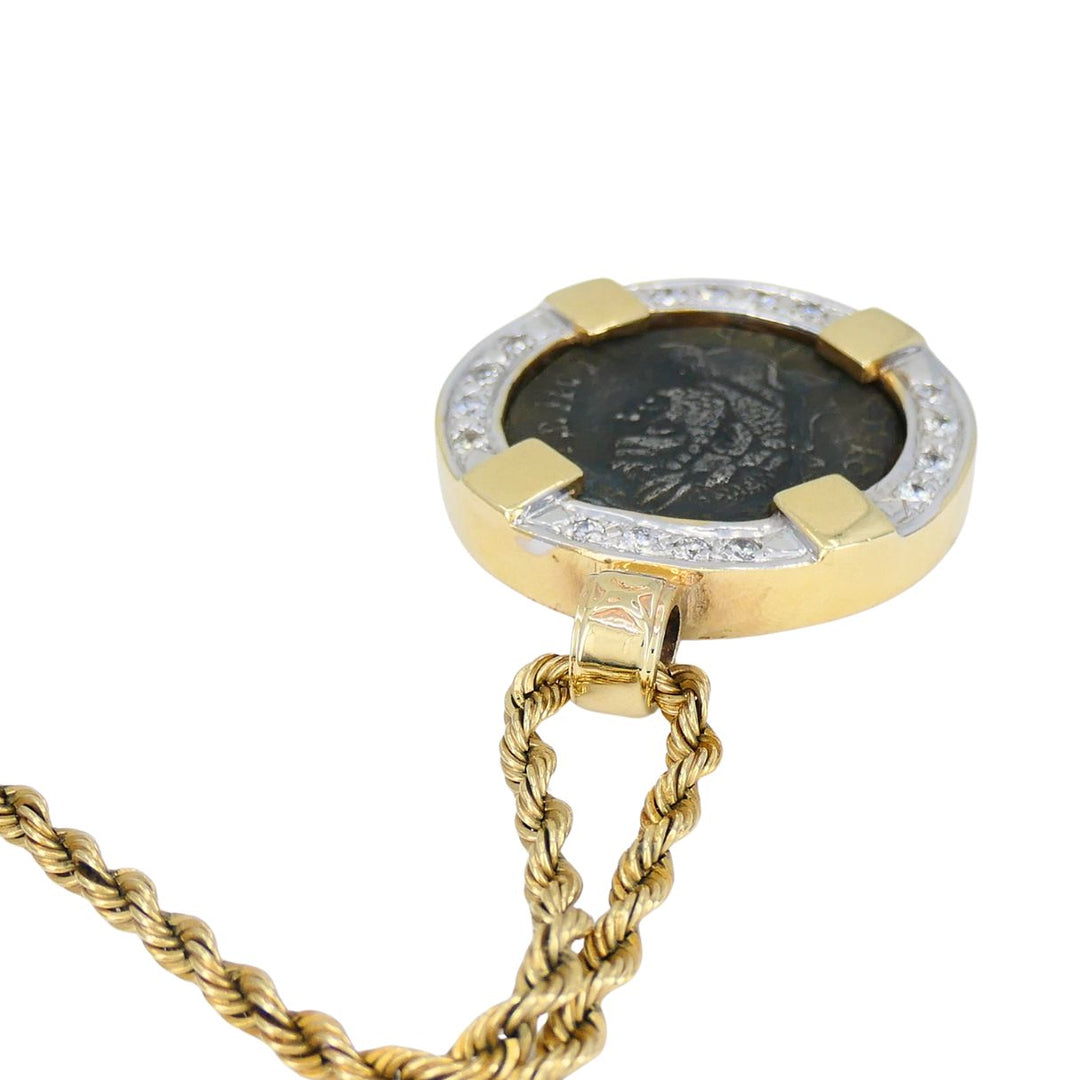Vintage 14k Gold Diamond Ancient Coin Pendant Necklace