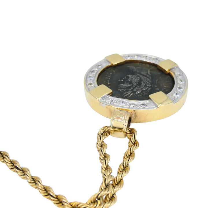 Vintage 14k Gold Diamond Ancient Coin Pendant Necklace