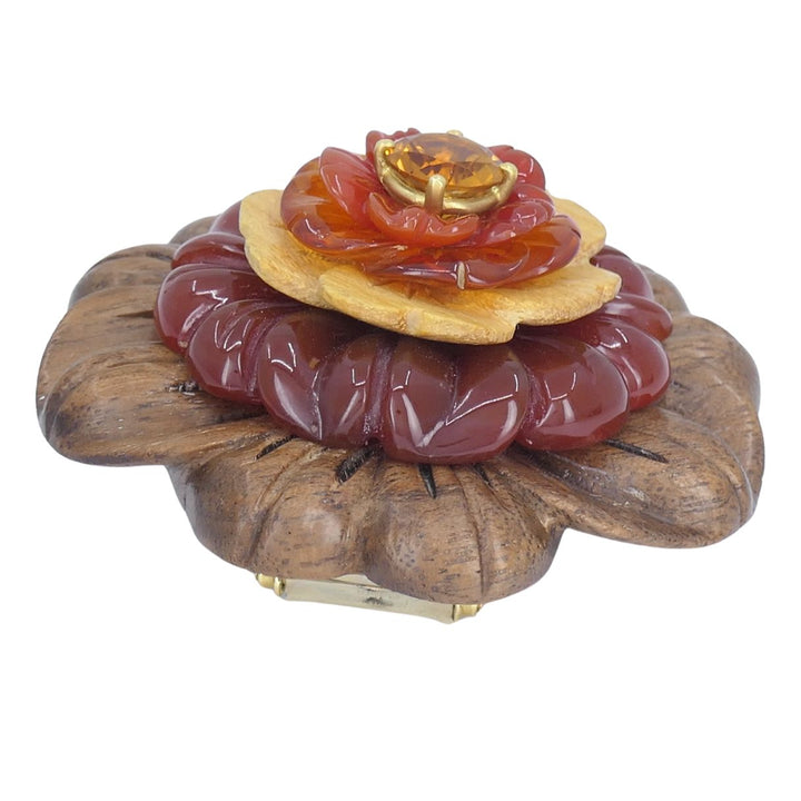 Bettina Gabetti for Trianon Flower Brooch 18k Gold Carved Wood Carnelian Citrine