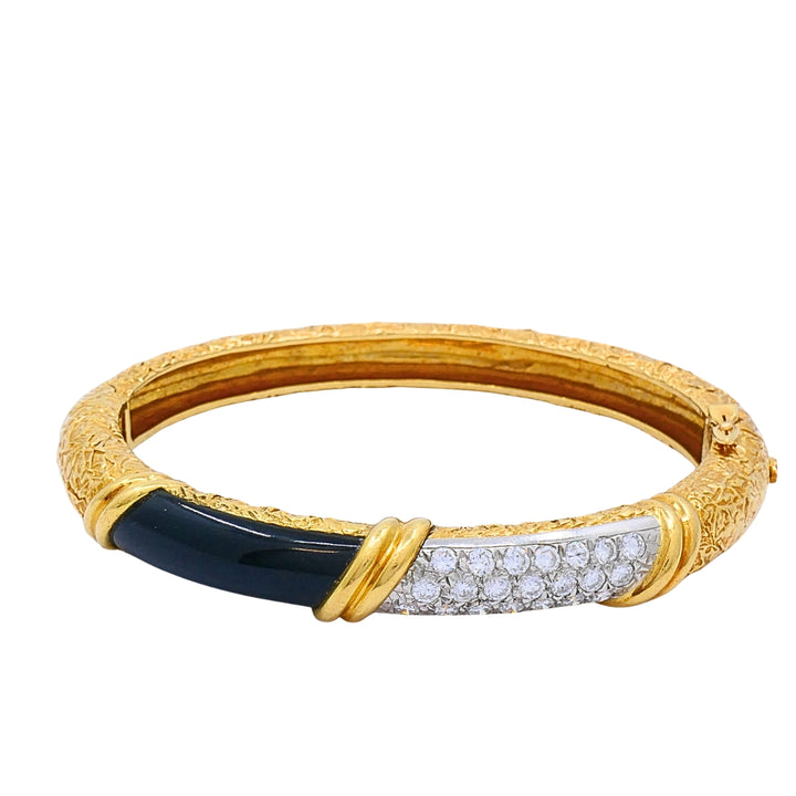 Vintage Van Cleef & Arpels 18k Gold Onyx Diamond Textured Bangle Bracelet