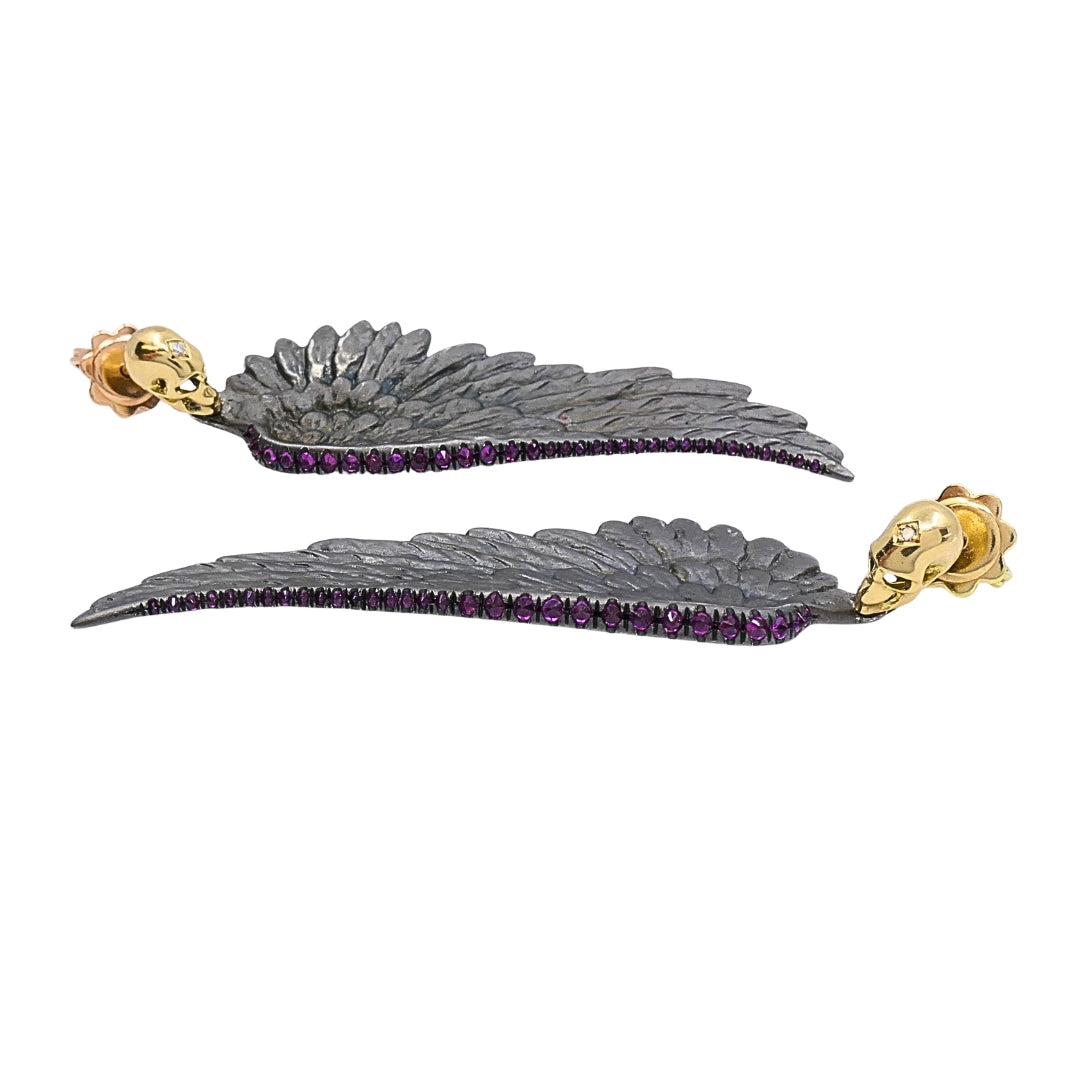 Theodoros 18k Gold & Sterling Silver Ruby Wing Skull Earrings