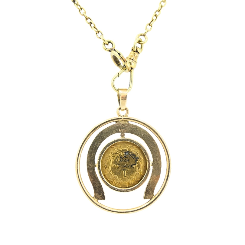 Victorian Revival 14k Gold Indian Princess Dollar Horseshoe Pendant Necklace