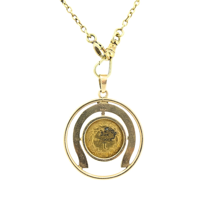 Victorian Revival 14k Gold Indian Princess Dollar Horseshoe Pendant Necklace