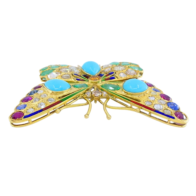 Vintage 18k Gold Multigem Butterfly Brooch Statement Insect Jewelry