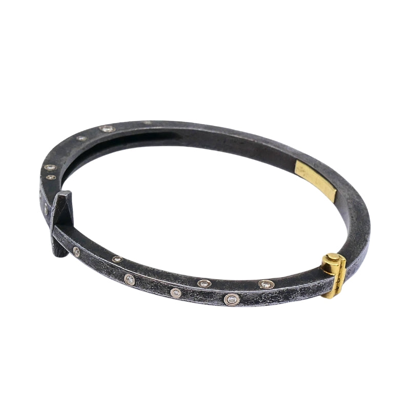 Modern Silver 18k Gold Bangle Bracelet Diamond Accents