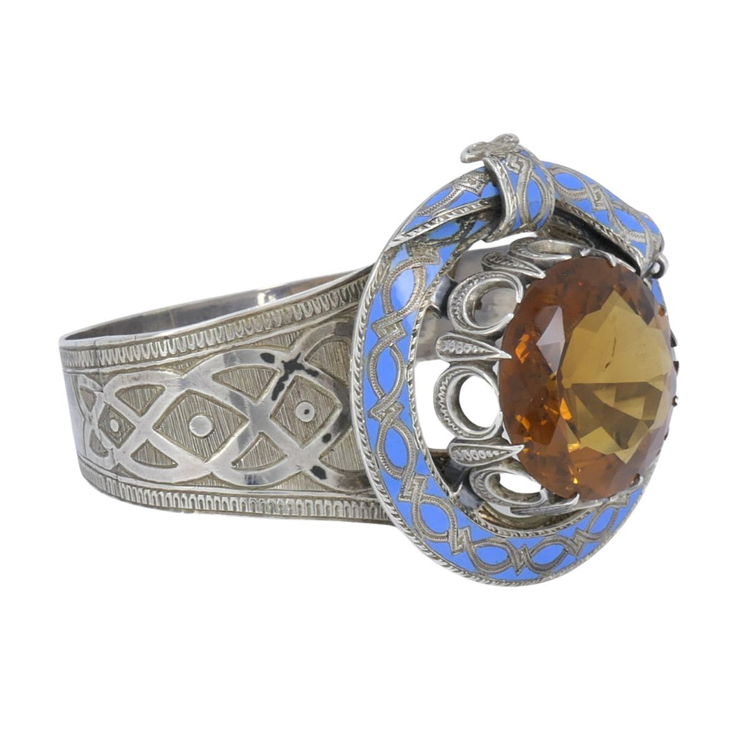 Antique Victorian Mackay Scottish Silver Blue Enamel Citrine Hinged Bracelet