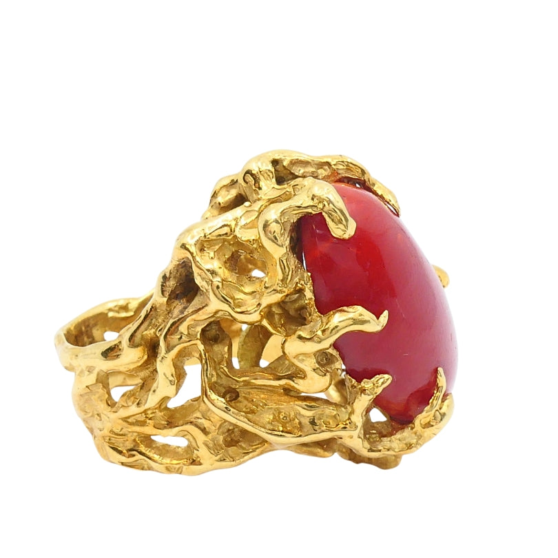Arthur King 18k Gold Brutalist  Coral Cabochon Cocktail Ring