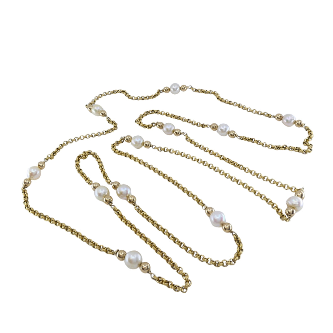 Vintage 10k Gold Cultured Pearl Long Chain Station Necklace