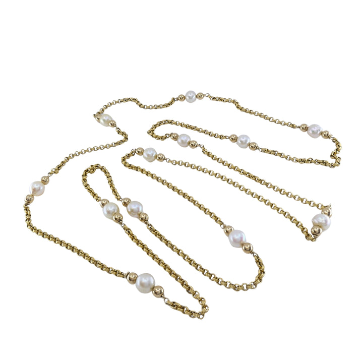 Vintage 10k Gold Cultured Pearl Long Chain Station Necklace