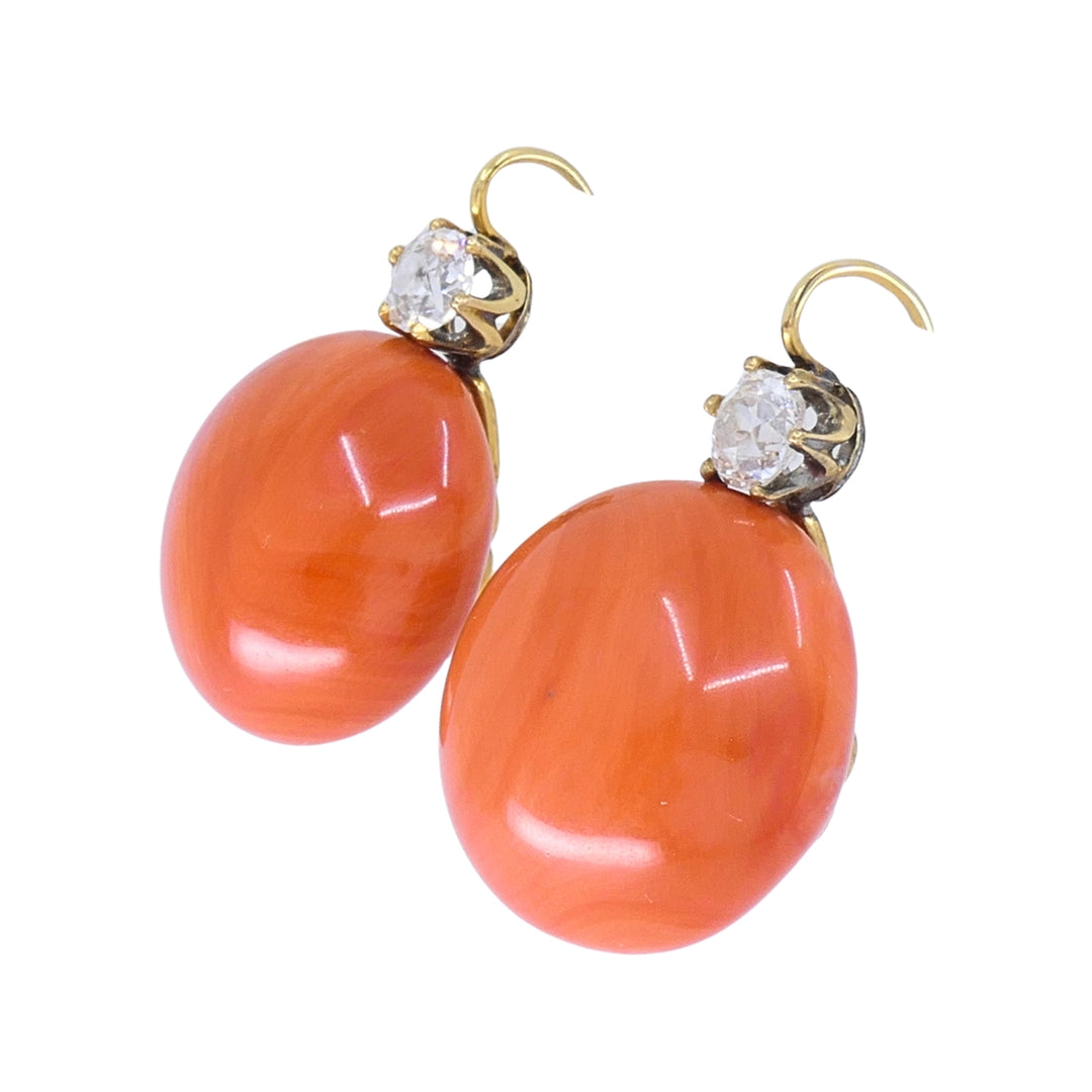 Antique Victorian 14k Gold Coral Diamond Drop Earrings, 1890 - 1900