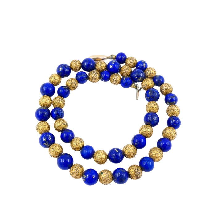 Vintage Choker Necklace 14k Textured Gold Lapis Lazuli Beads