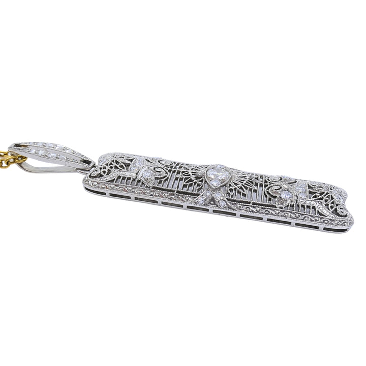 Art Deco Platinum Diamond Filigree Pendant 14k Gold Chain Necklace