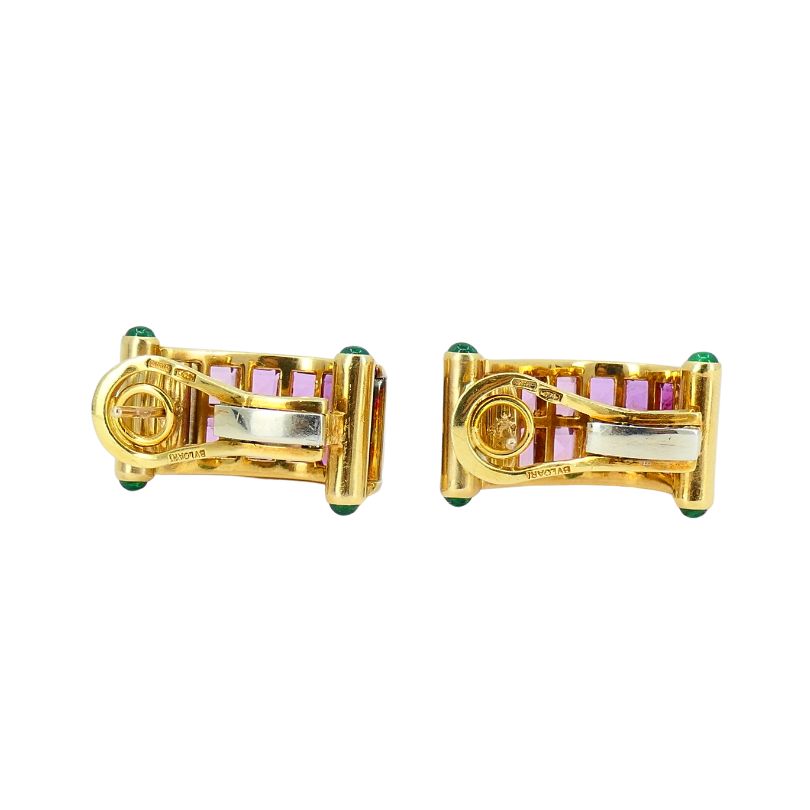 Vintage Bulgari 18k Gold Emerald Pink Tourmaline Earrings