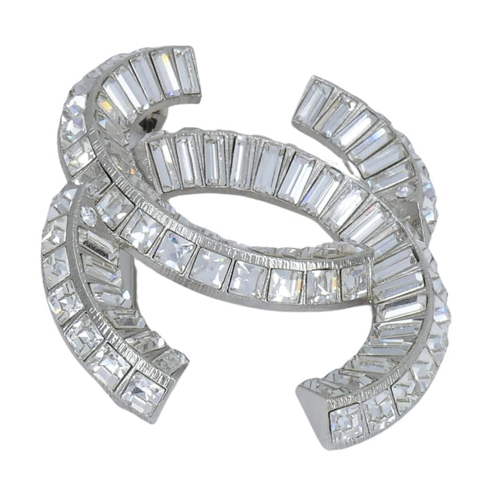 Chanel CC Logo Crystal Silver Pin Brooch