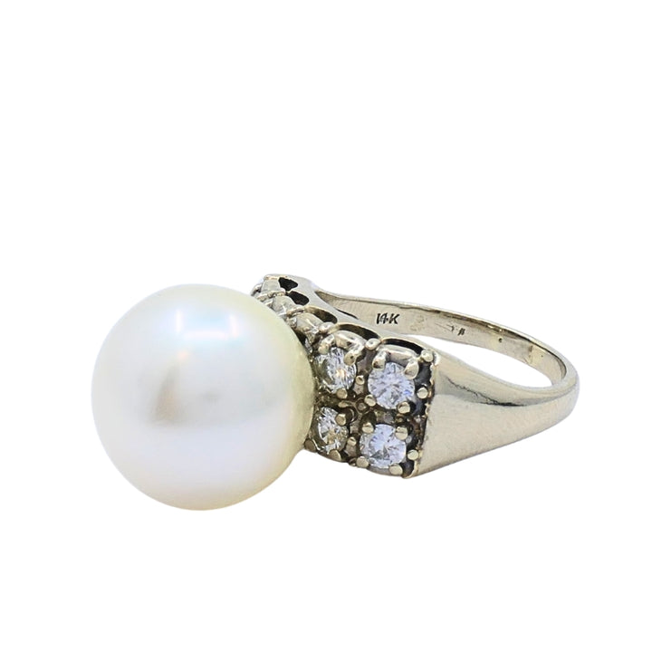 Vintage Pearl Diamond Ring 14k White Gold