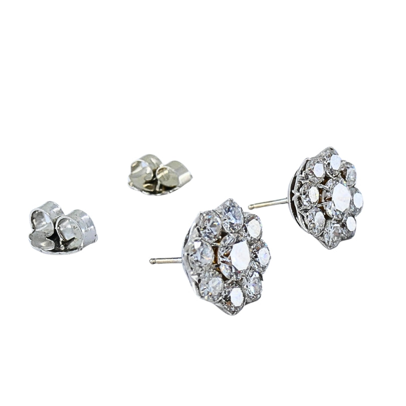 Vintage 14k White Gold Diamond Cluster Stud Earrings Round Cut