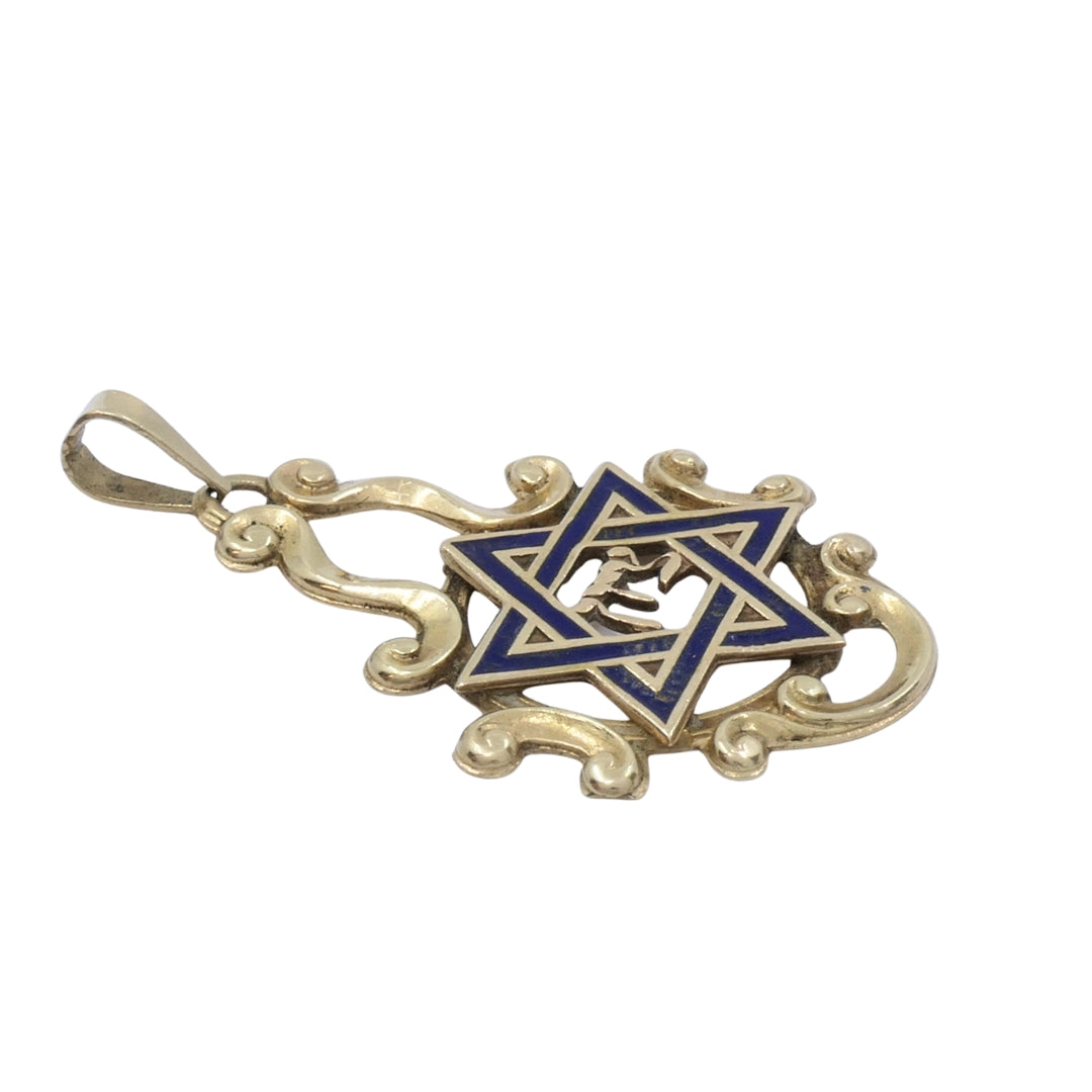 Vintage 14k Gold Blue Enamel Star of David Chai Pendant