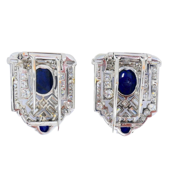 Vintage French Platinum Diamond Clips Carved Sapphire Estate Jewelry