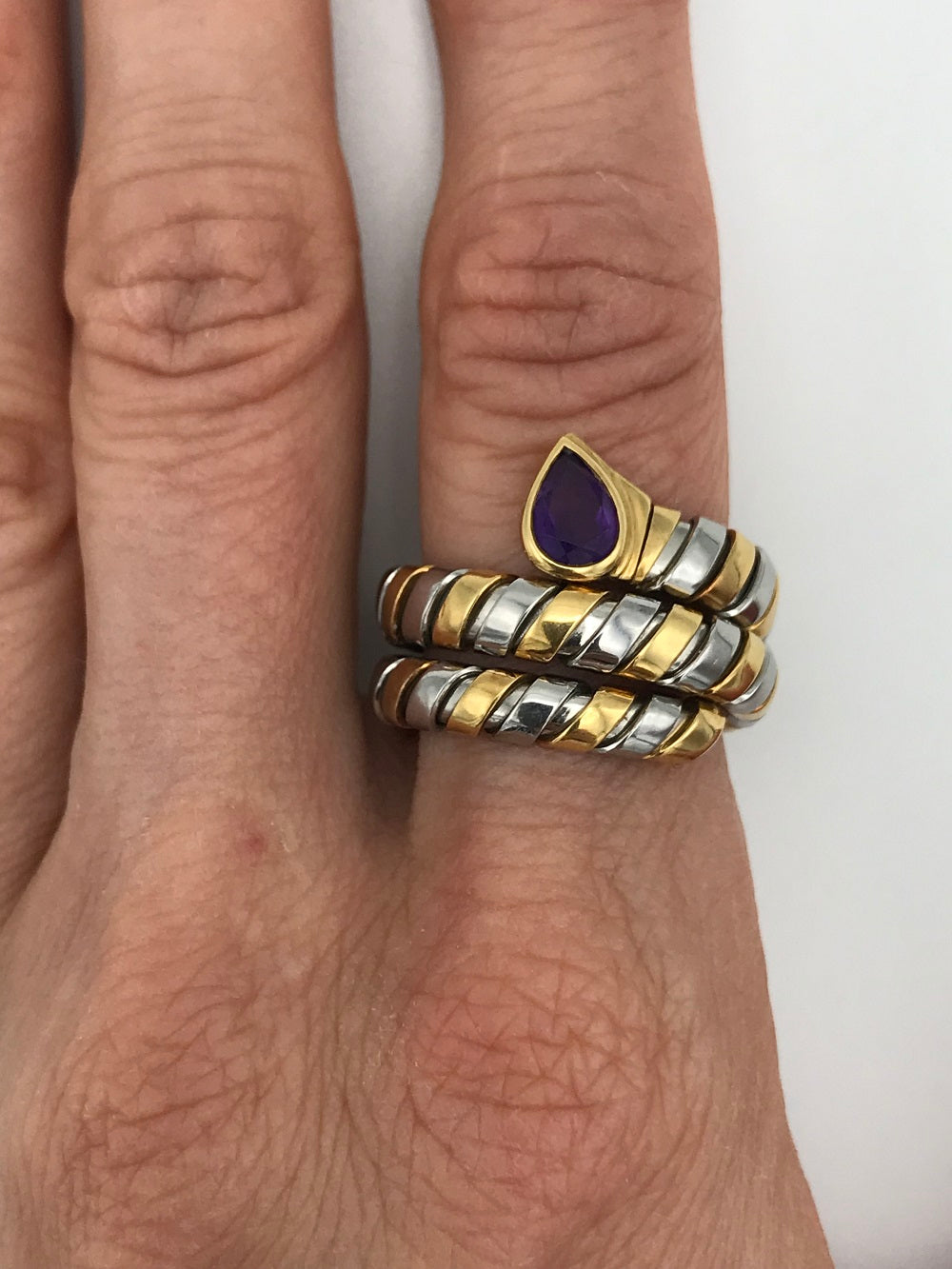 Bulgari Tubogas Serpenti Yellow Gold Stainless Steel Amethyst Ring