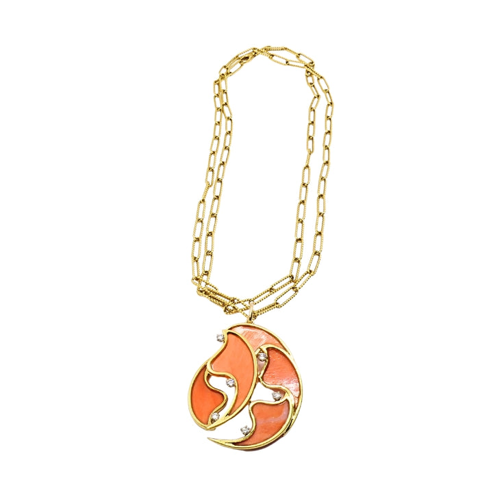 French 18k Diamond Coral Pendant 14k Gold Chain Necklace