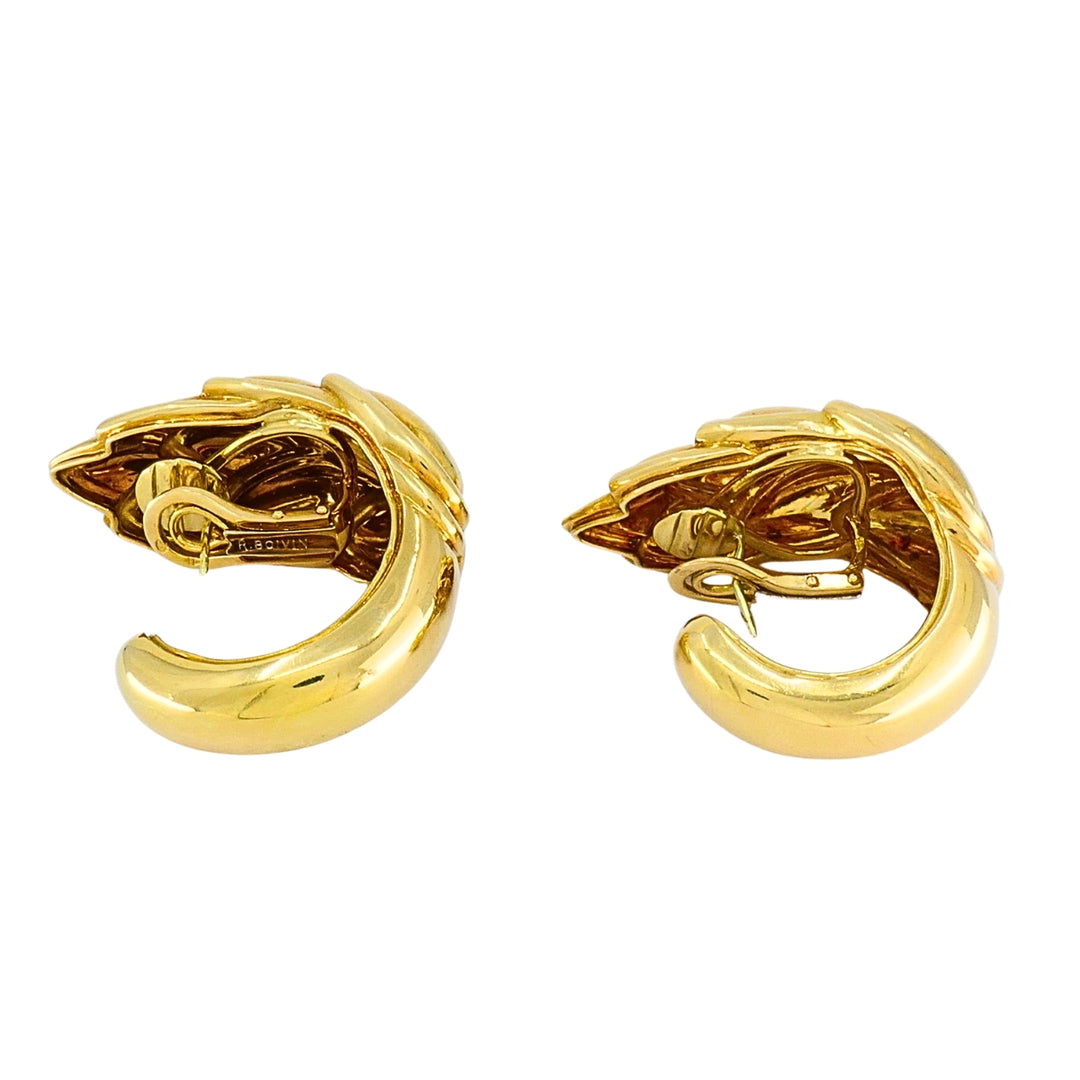 René Boivin 18k Gold Sculpted Foliate Hoop Earrings, 1970s