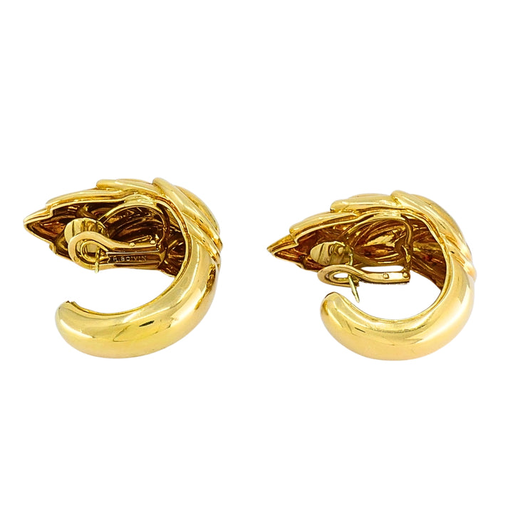 René Boivin 18k Gold Sculpted Foliate Hoop Earrings, 1970s