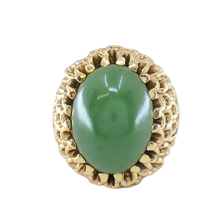 Vintage 14k Gold Green Jade Cabochon Cocktail Ring, Ornate Openwork Mounting