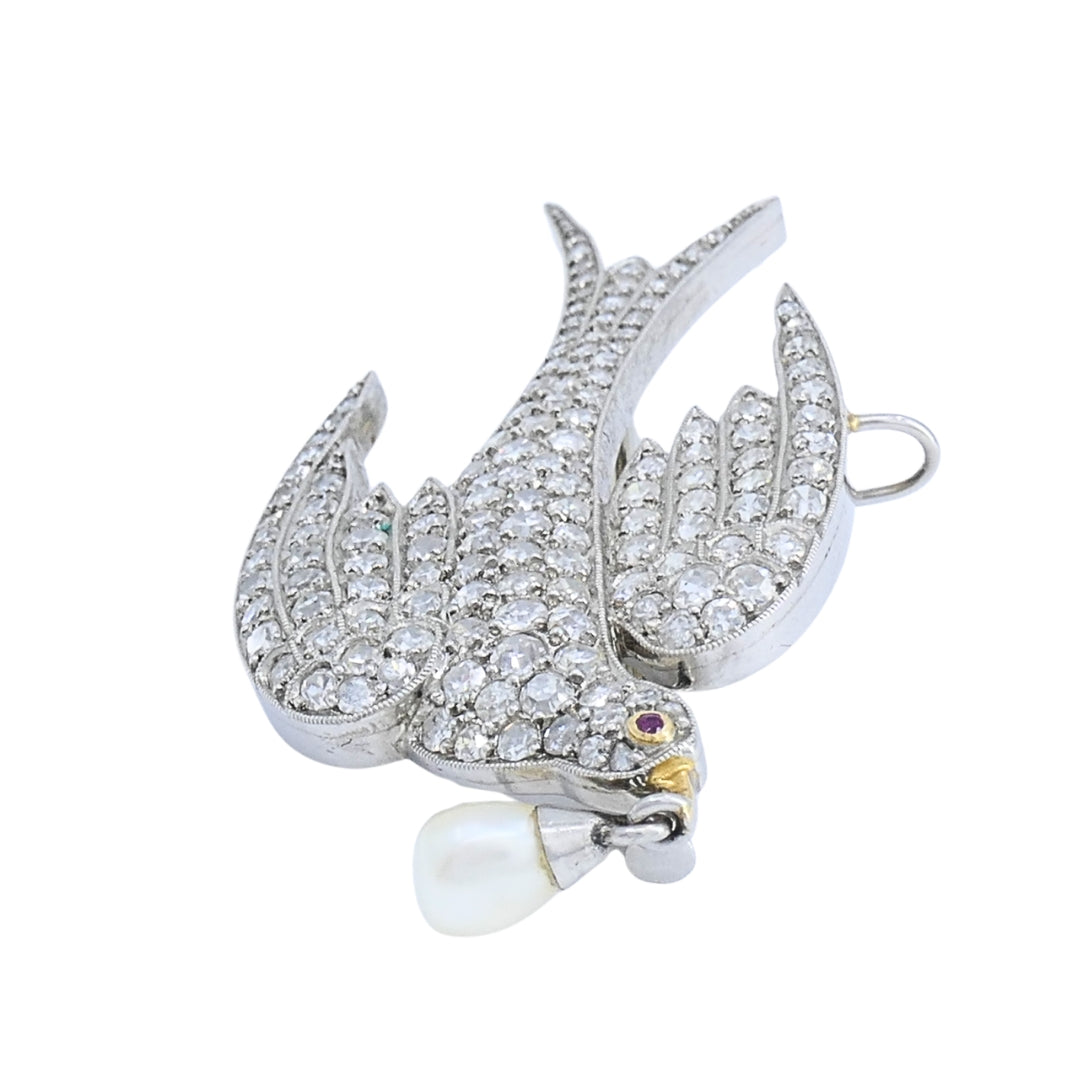 Diamond Pendant Bird Pin with Pearl Drop