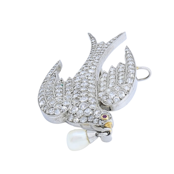 Diamond Pendant Bird Pin with Pearl Drop