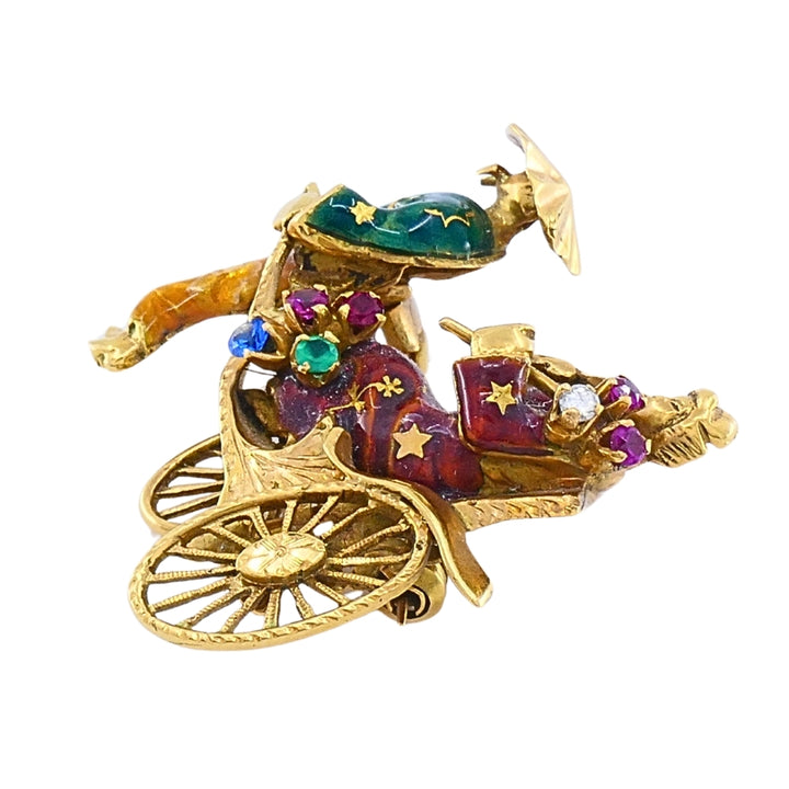 Vintage 18k Gold Riksha Brooch Pin Enamel Gemstone Accents