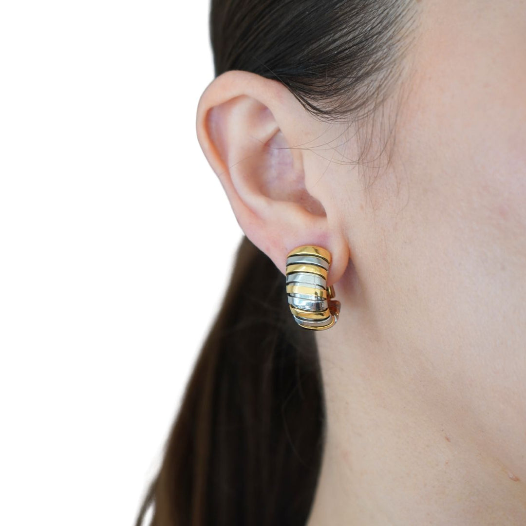 Vintage Bvlgari 18k Gold Stainless Steel Tubogas Huggie Bulgari Earrings