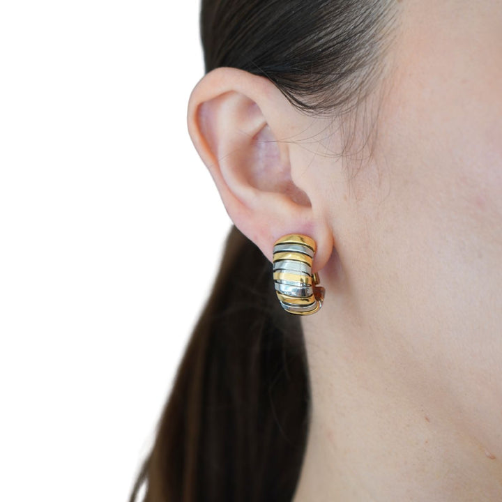 Vintage Bvlgari 18k Gold Stainless Steel Tubogas Huggie Bulgari Earrings