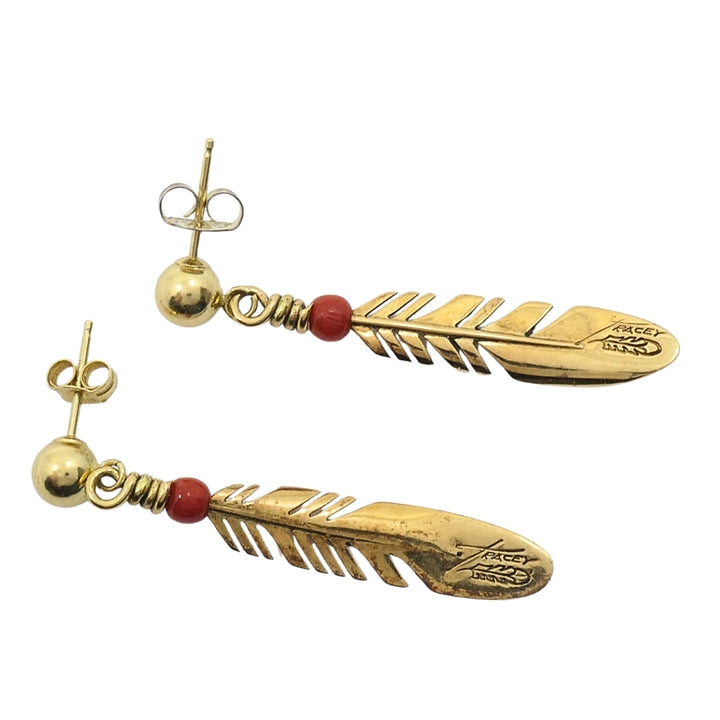 Ray Tracey 14k Gold Navajo Feather Drop Earrings Coral Beads
