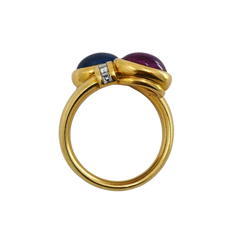 French 18k Gold  Ruby Sapphire Diamond Bypass Ring