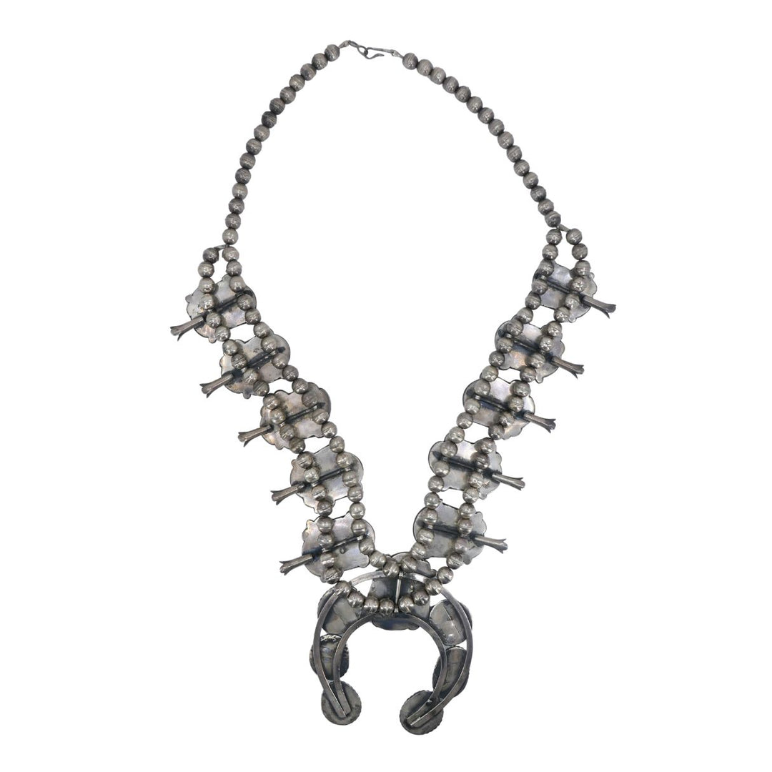 Navajo Native Indian Sterling Silver Turquoise Squash Blossom Necklace