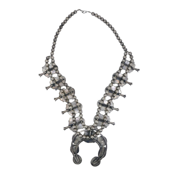 Navajo Native Indian Sterling Silver Turquoise Squash Blossom Necklace