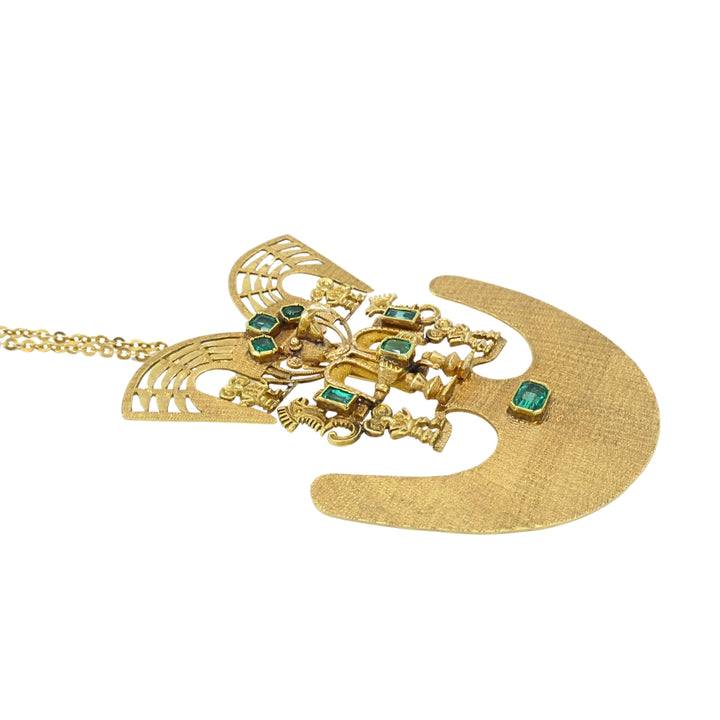 Vintage Pre‑Columbian Revival 18k Gold Emerald Tairona Style Pendant‑Brooch
