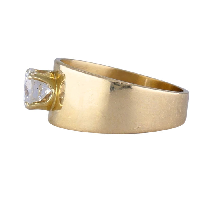 Vintage 1970s 14k Yellow Gold Round Brilliant Solitaire Diamond Wide Band Ring