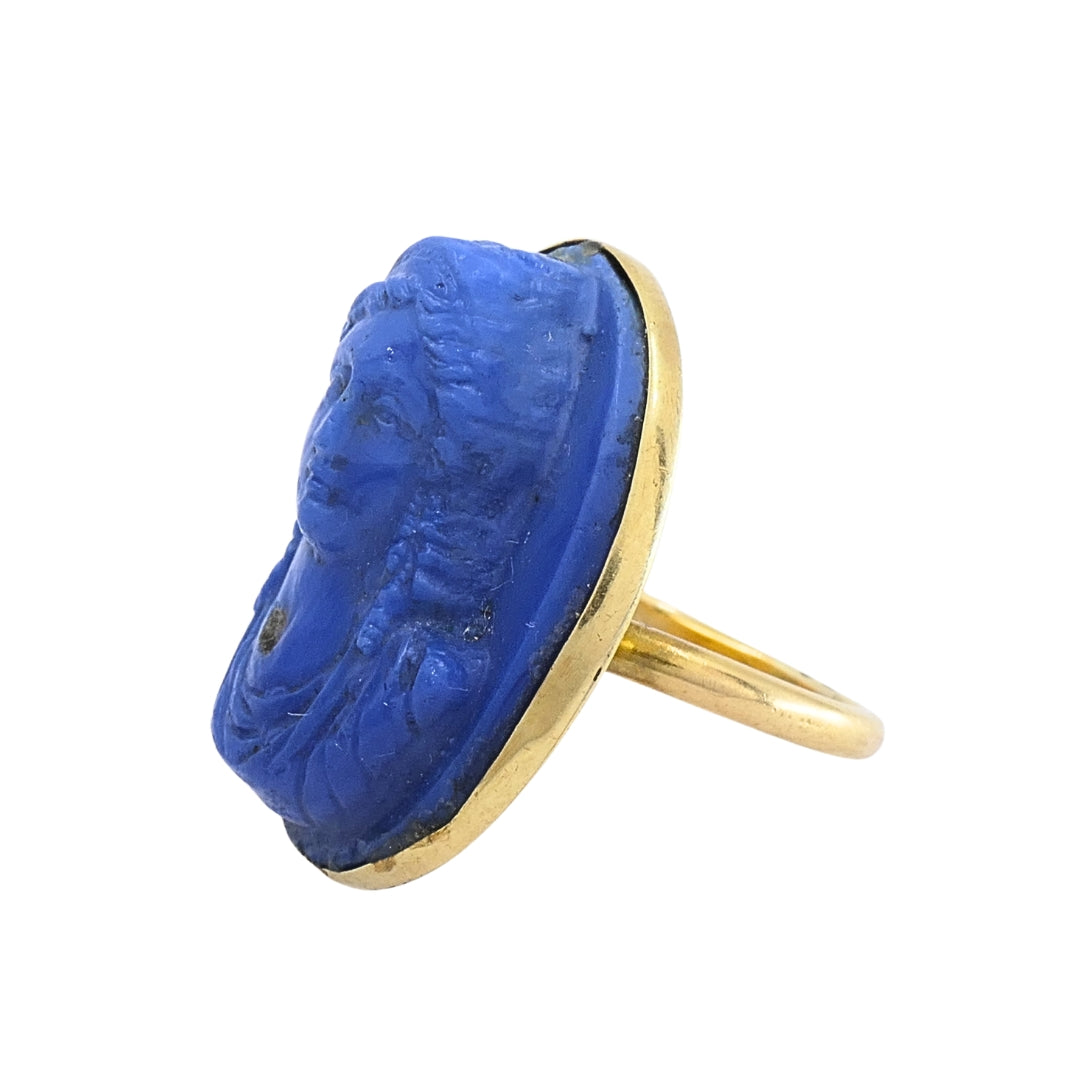 14k Gold Blue Carved Cameo Classical Portrait Ring