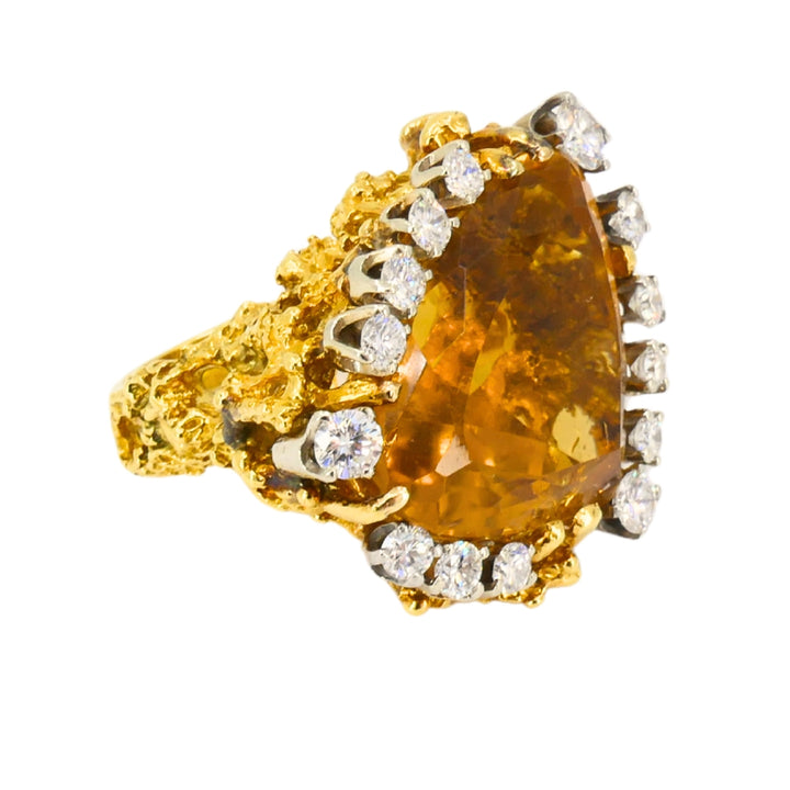 Vintage 18k Gold Citrine Diamond Ring Brutalist Design