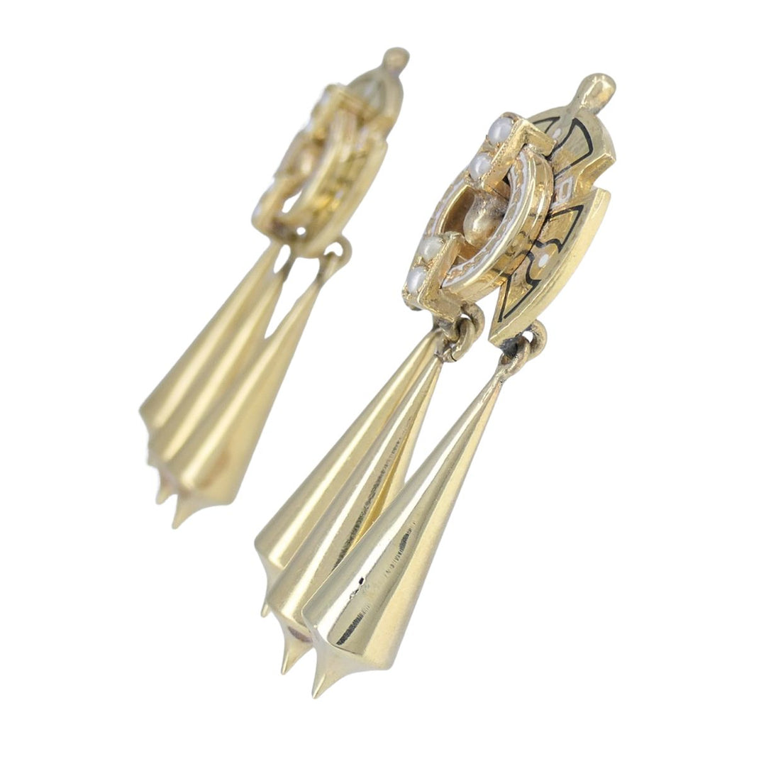 Victorian 14k Gold Enamel Seed Pearl Mechanical Drop Earrings