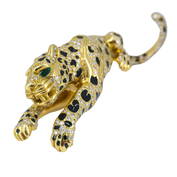 Vintage Panther Enamel Brooch 18k Gold Diamond Emerald